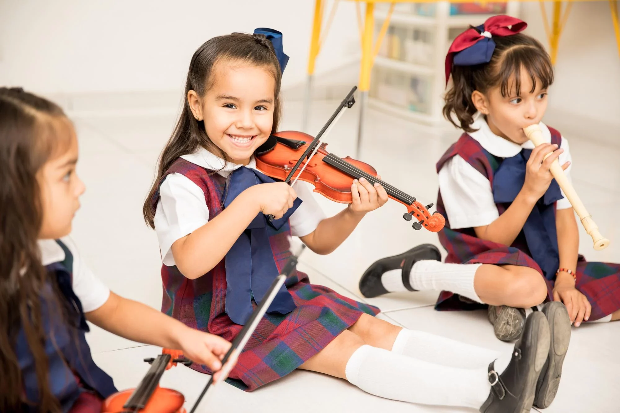 Portrait Cute Latin Girl Learning How Play Violin Having Fun Preschool